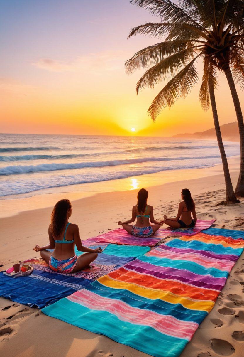 A stunning beach scene showcasing a diverse group of people wearing trendy beachwear, engaging in self-care activities like yoga, meditation, and enjoying healthy snacks under sun umbrellas. Soft ocean waves and a vibrant sunset in the background, with colorful beach towels and stylish accessories scattered around. The scene should evoke feelings of relaxation, harmony, and fashion. super-realistic. vibrant colors. beach setting.