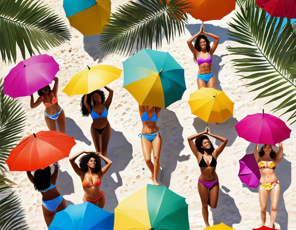 A sun-drenched beach scene showcasing a diverse group of women in trendy bikinis, enjoying summer activities like beach yoga and meditation. Incorporate vibrant beach umbrellas and tropical plants, with gentle waves lapping at their feet. The women exude confidence and joy, representing both fashion and mental well-being. Capture the bright, inviting atmosphere of summer. super-realistic. vibrant colors. natural lighting.